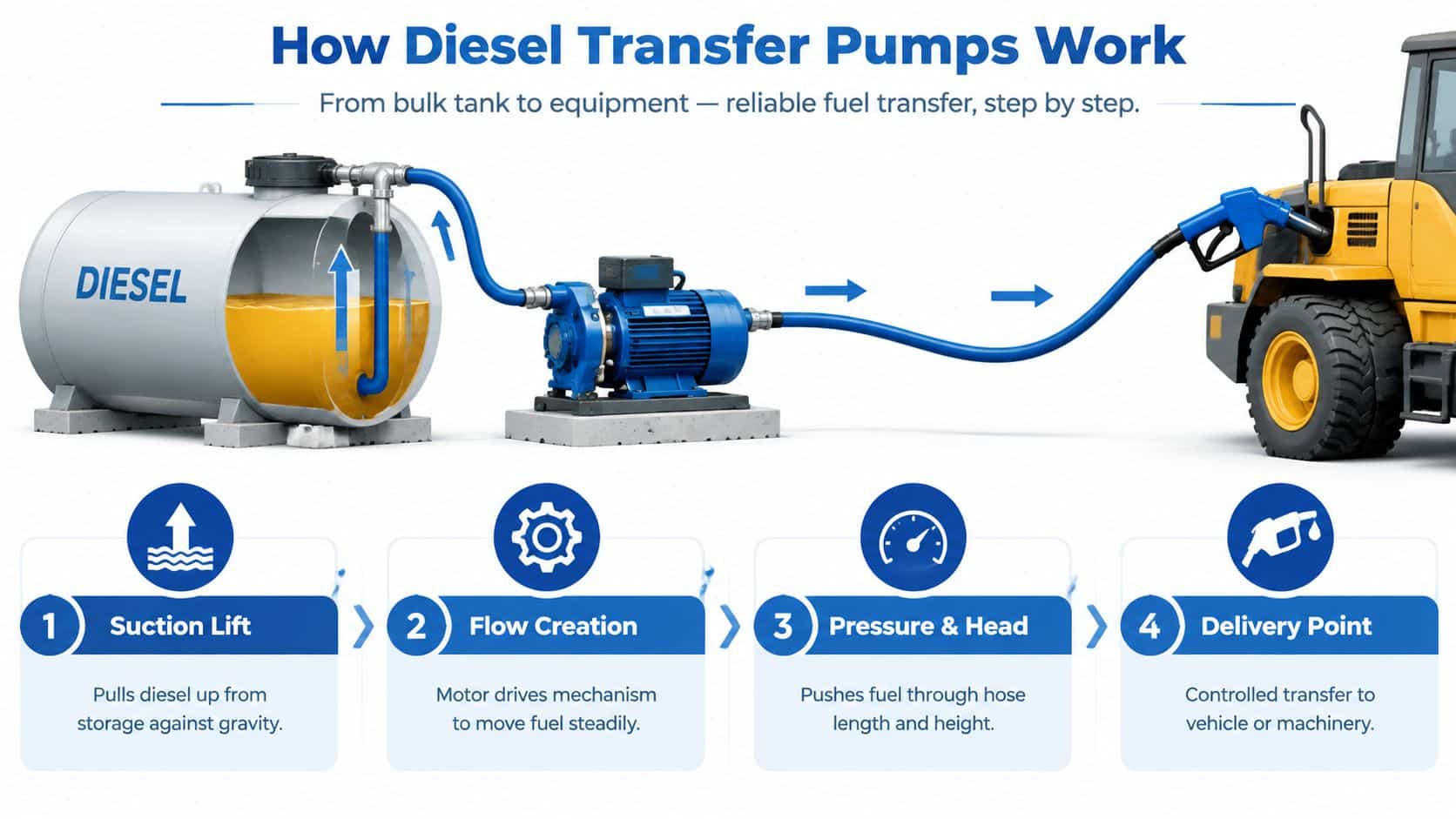 A diagram illustrating the four steps of how diesel transfer pumps move fuel from storage to equipment.
