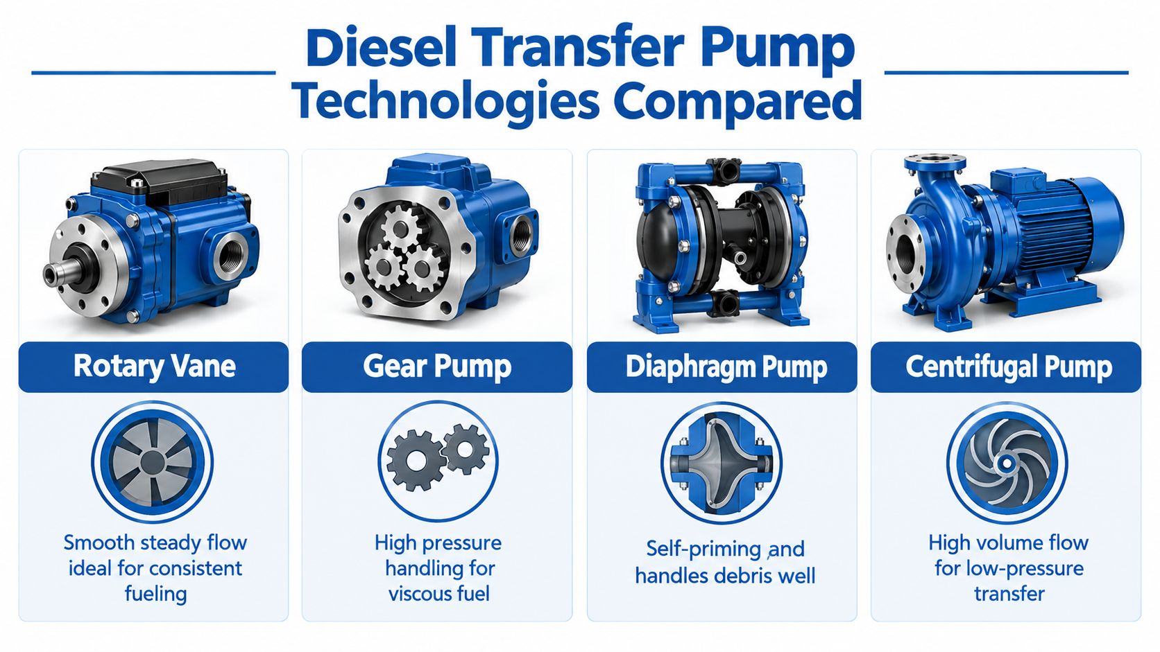 An infographic comparing four types of diesel transfer pumps: rotary vane, gear, diaphragm, and centrifugal.