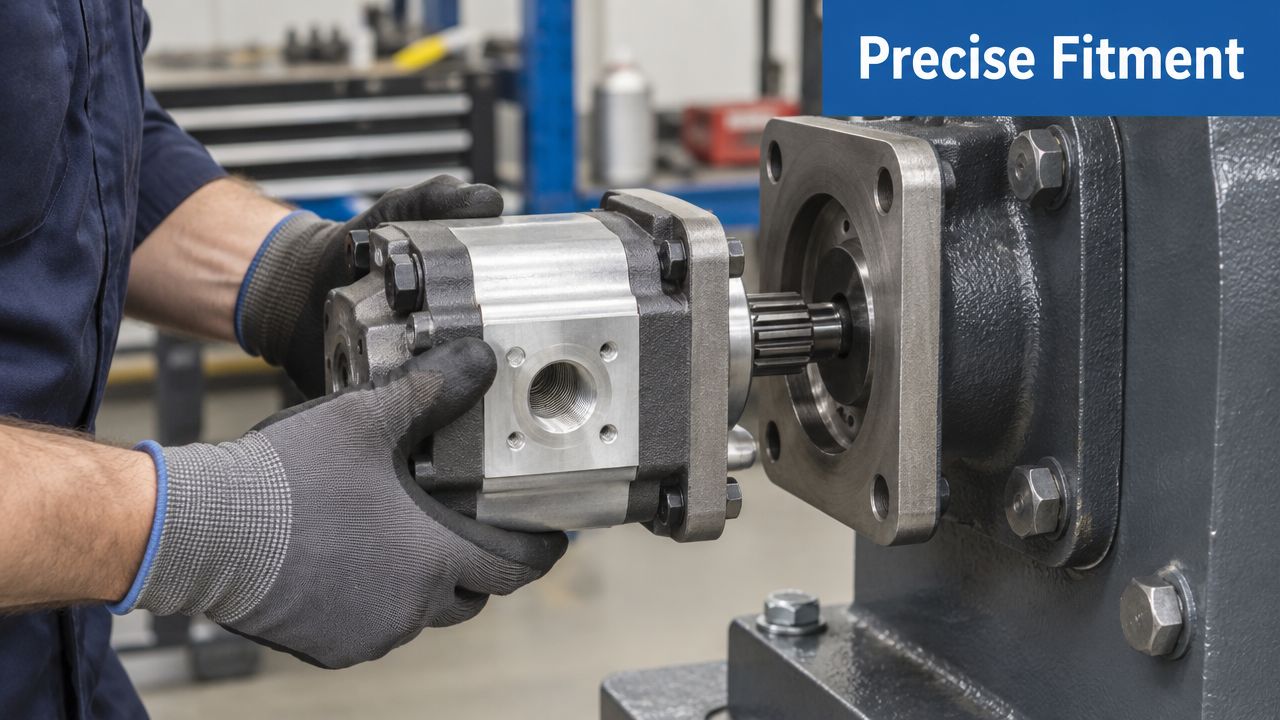 A technician wearing safety gloves aligns an external gear pump with a mechanical drive unit for installation.