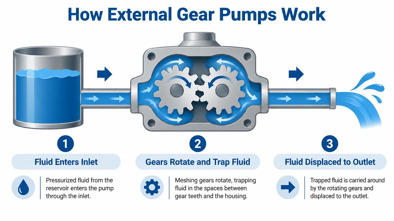 A diagram illustrating the operational mechanism of an external gear pump system with numbered process steps.