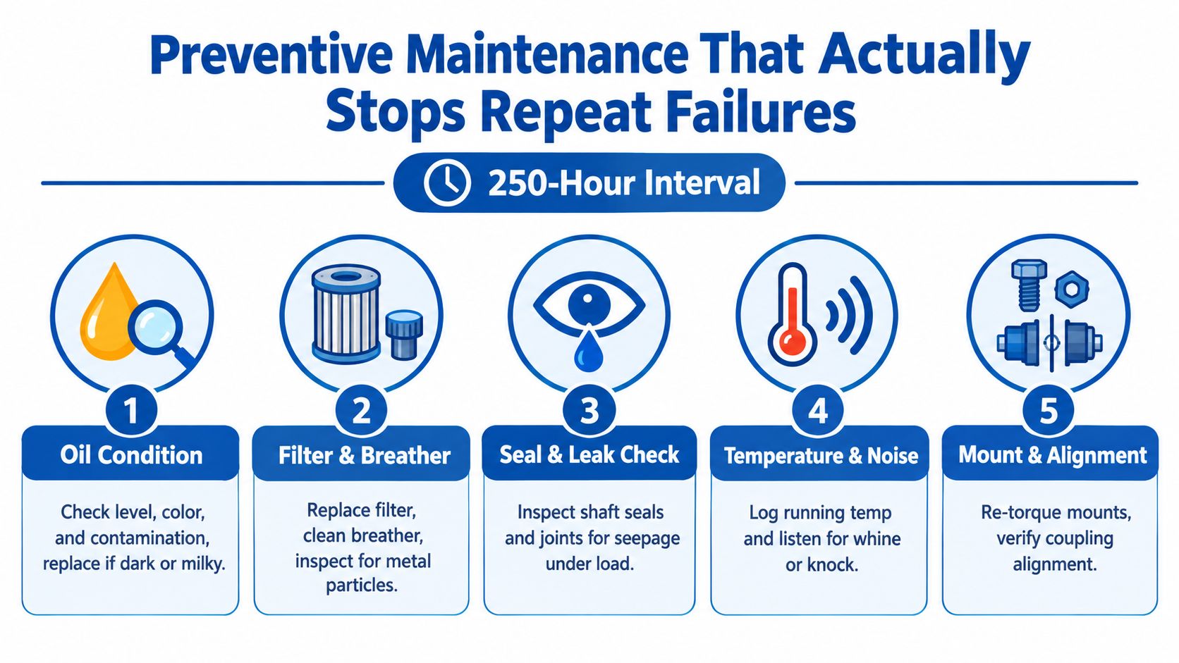 A preventive maintenance infographic listing five key steps for machinery care at a 250-hour interval.