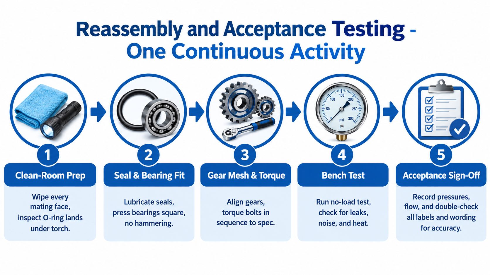 A five-step infographic detailing the process of gear motor repair and acceptance testing for mechanical equipment.