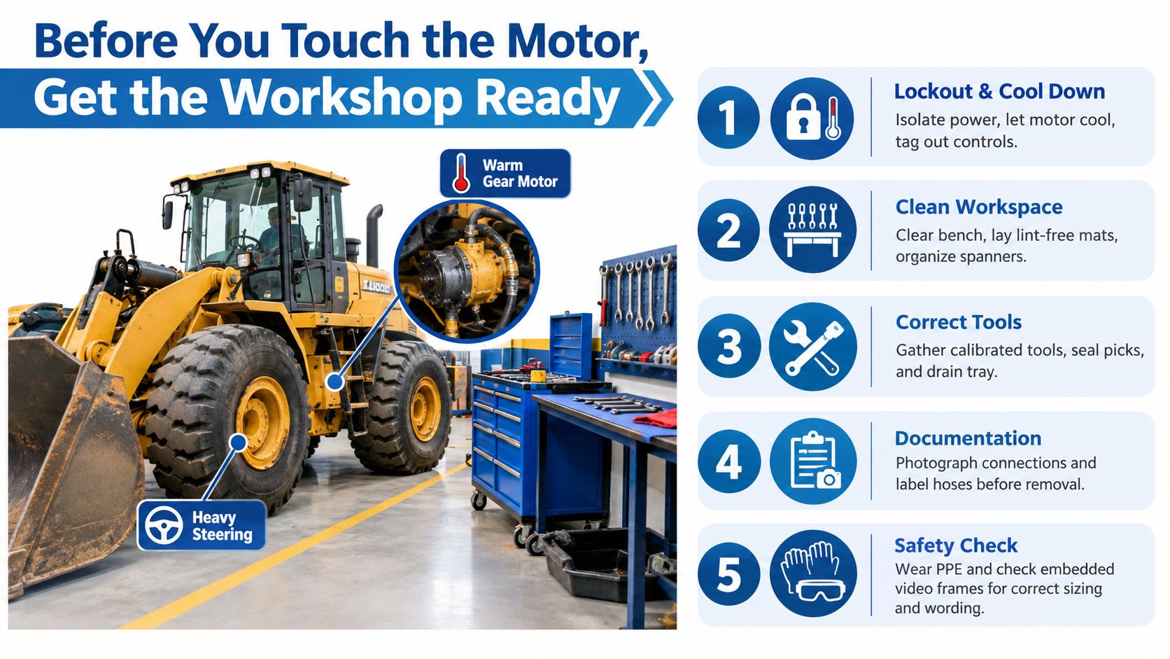 A safety infographic for mechanics detailing five essential preparation steps before repairing a heavy machinery gear motor.
