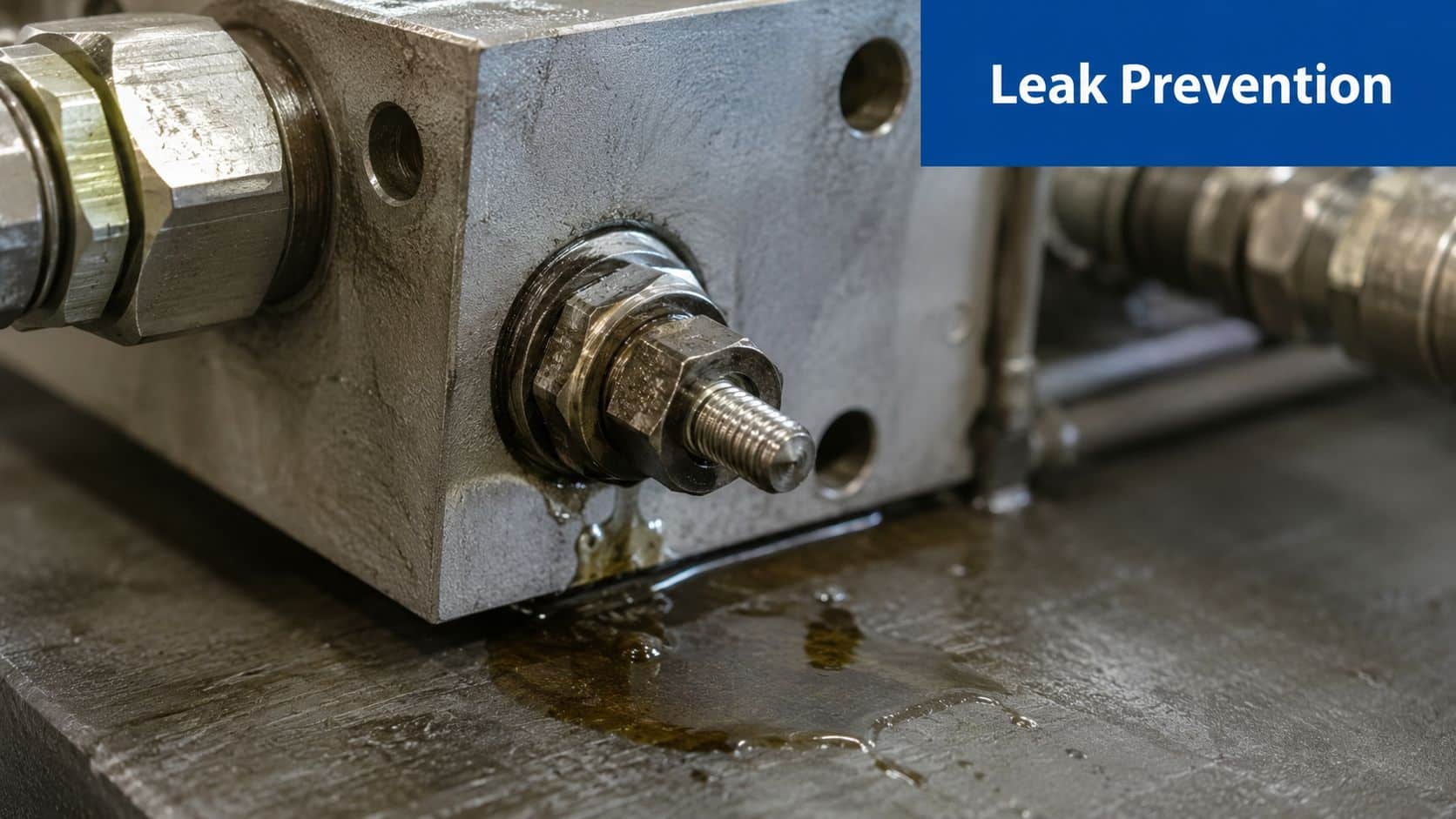 A leaking hydraulic fitting on industrial machinery, highlighting the importance of proper maintenance and sealant application.