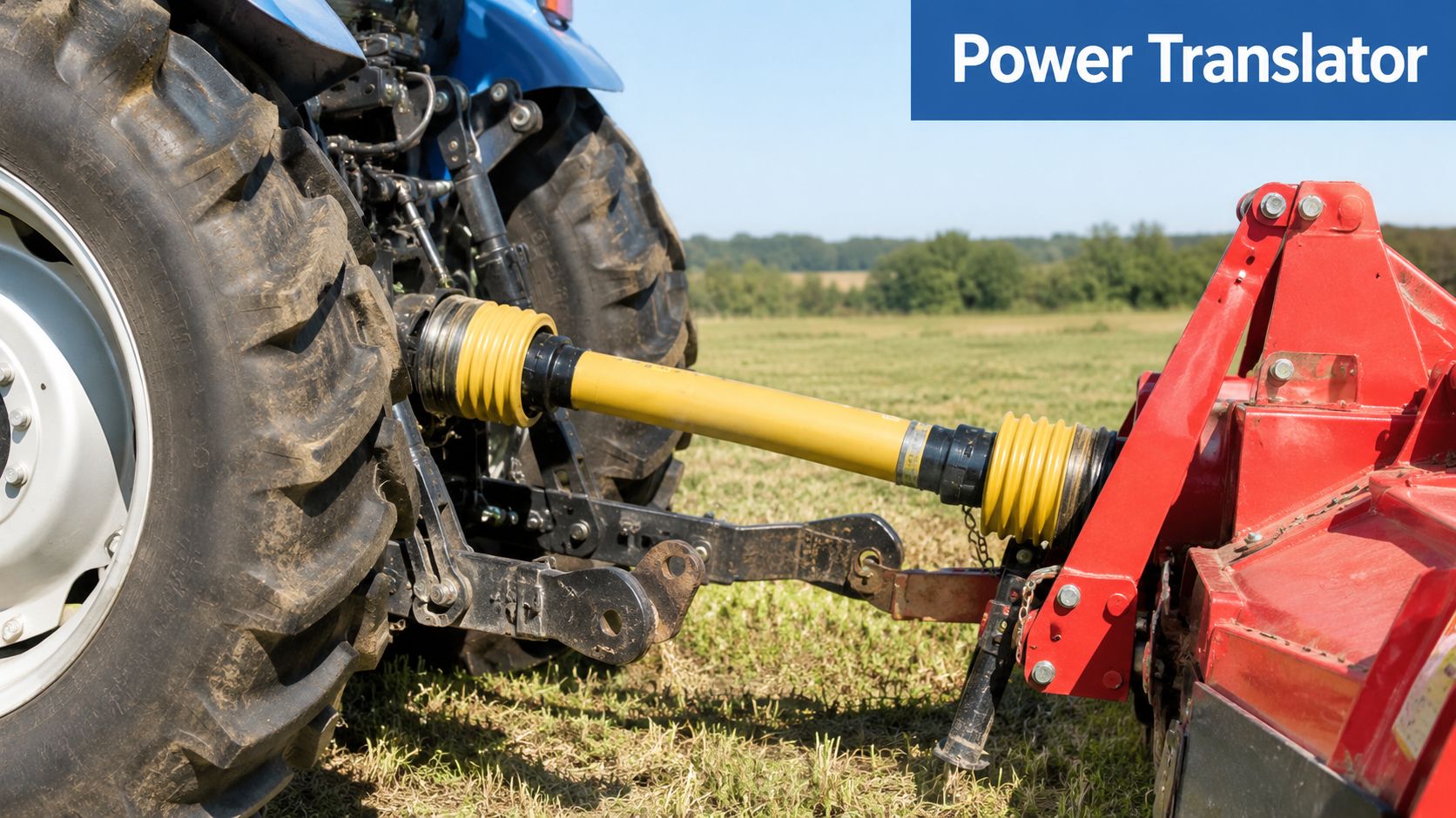 A close-up view of a tractor PTO shaft connecting a blue tractor to a red agricultural implement.