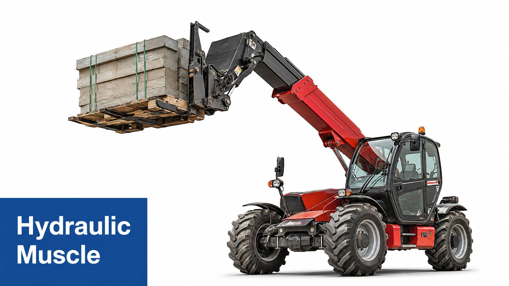 A red telehandler lifting a heavy pallet of concrete blocks on a white studio background.