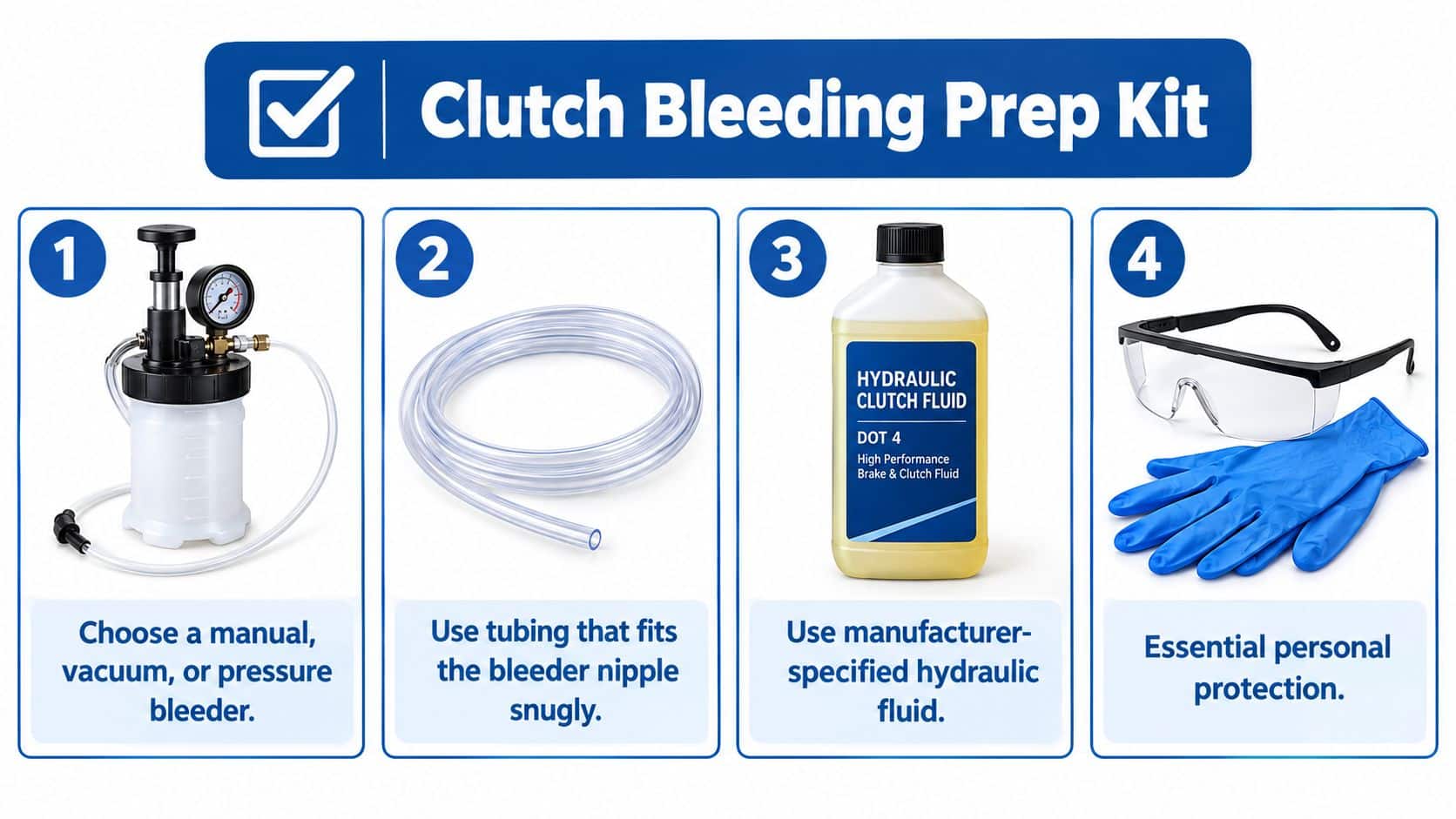 A four-step infographic showing the essential tools and safety equipment needed for a clutch bleeding procedure.