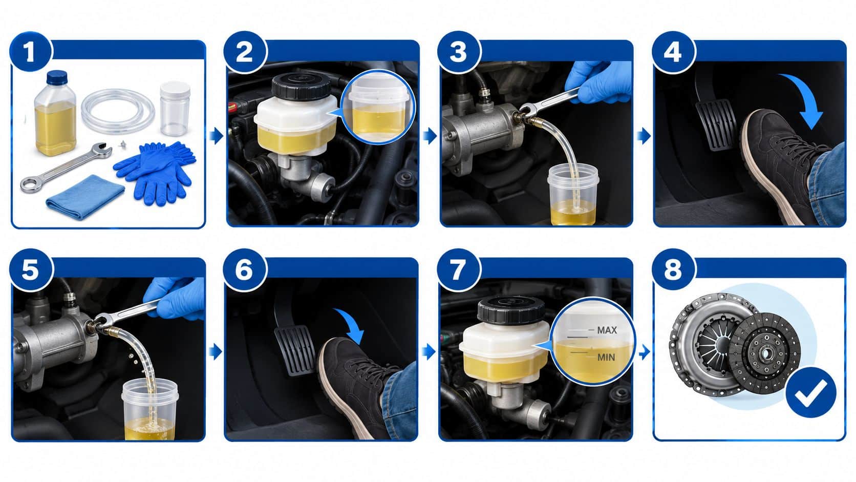An eight-step infographic illustrating the process of bleeding a hydraulic clutch system in a vehicle.