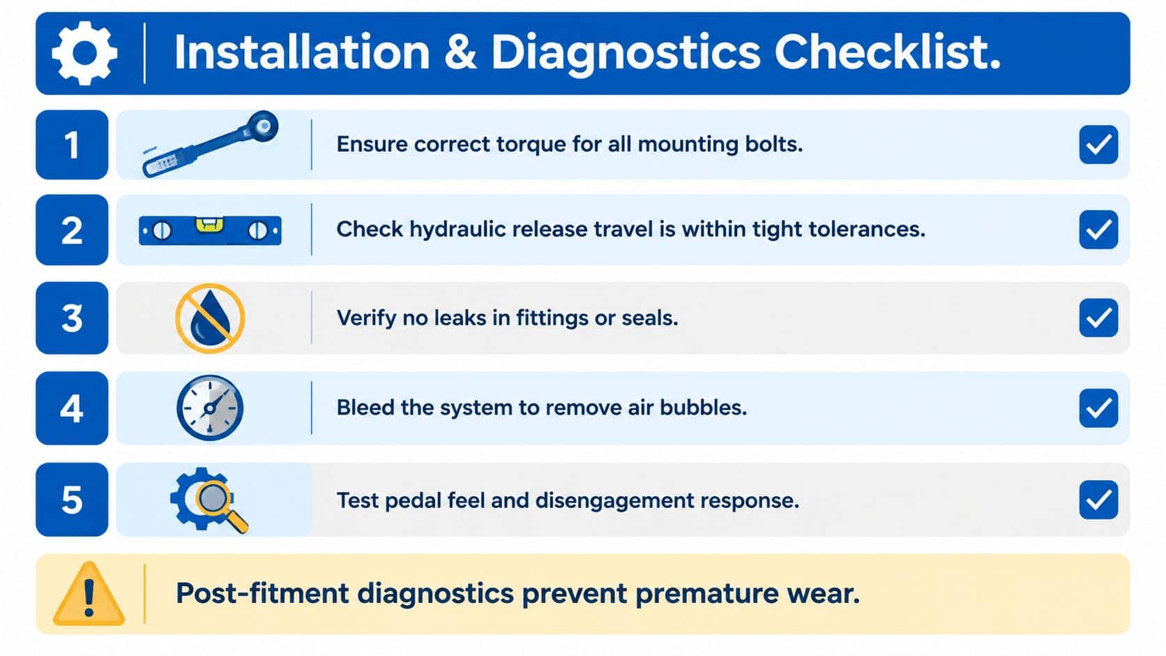 A five-step installation and diagnostics checklist for a hydraulic clutch kit, featuring icons and completed checkmarks.