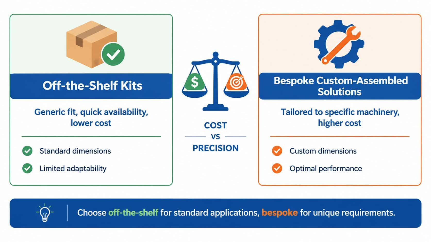 A comparison chart showing the differences between off-the-shelf kits and bespoke custom-assembled solutions for machinery.