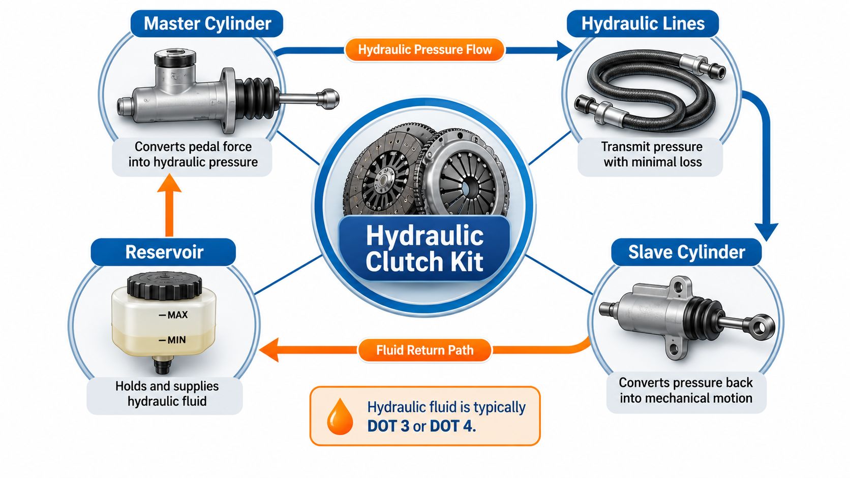 A diagram illustrating the components and operation of a hydraulic clutch kit system in a vehicle.