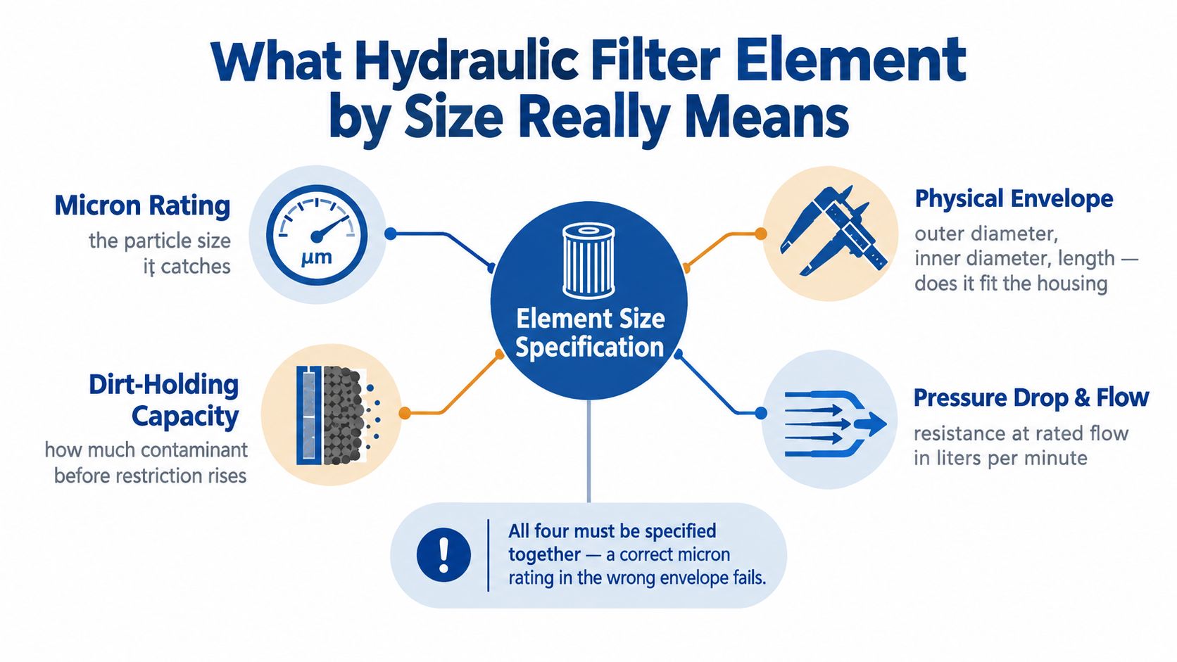 An infographic explaining the four key factors when selecting a hydraulic filter element by size.