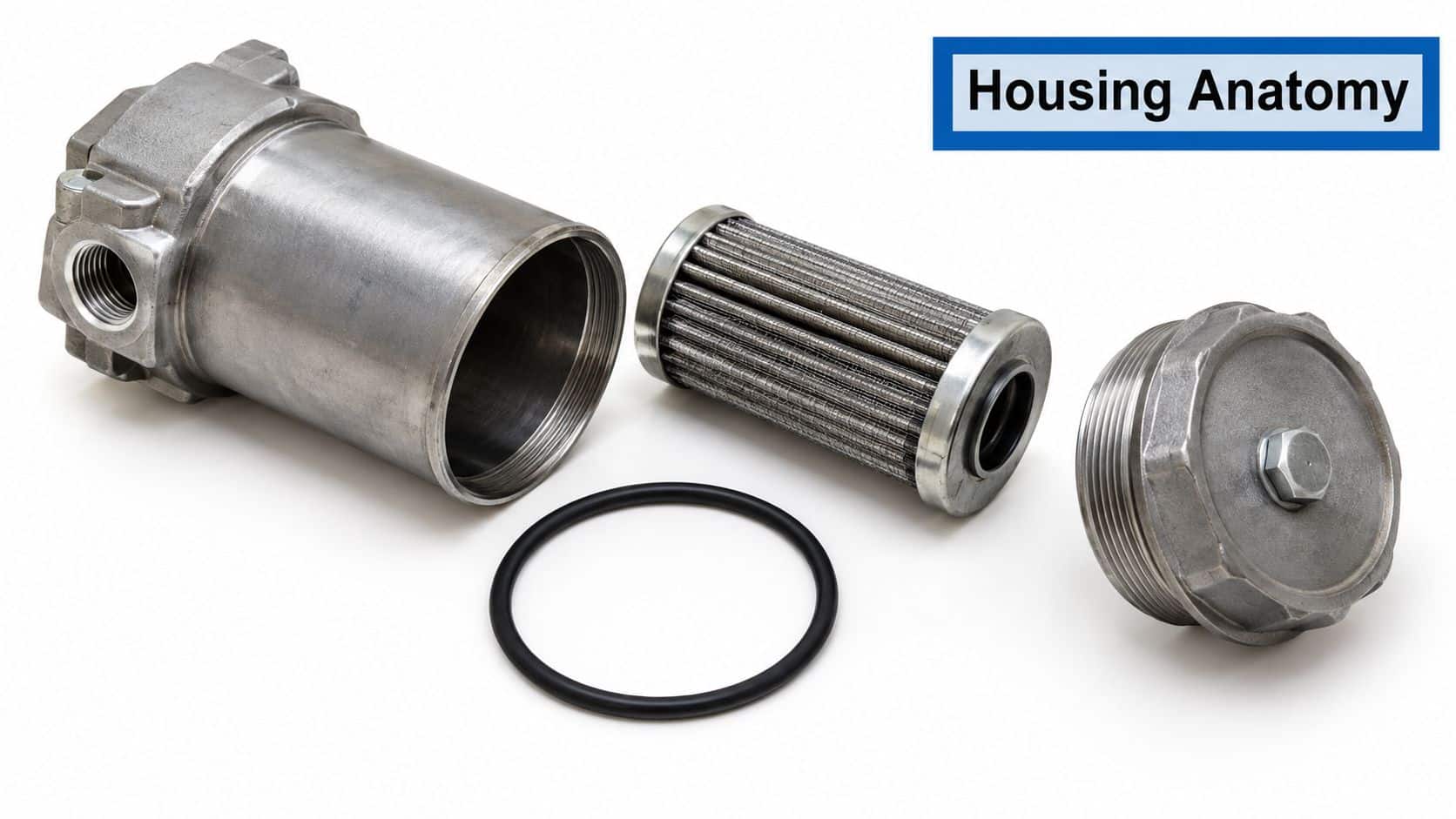 An exploded view of a dismantled hydraulic filter housing assembly featuring a metal canister, filter, and seal.