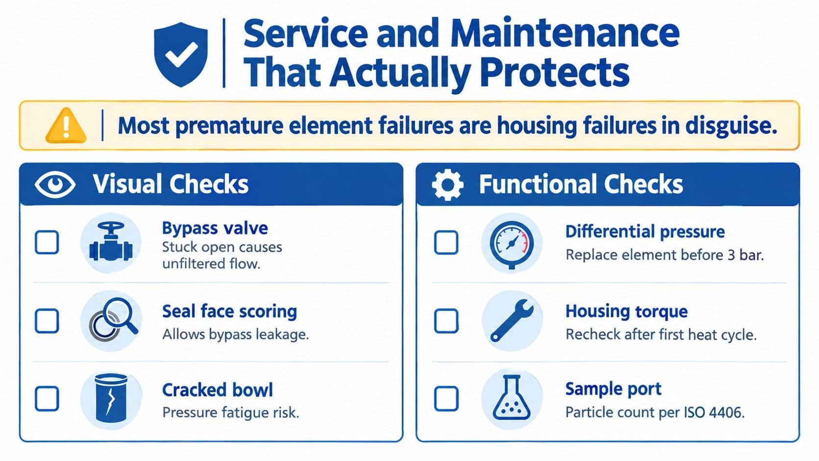 An infographic detailing visual and functional maintenance checks for industrial hydraulic filter housings to prevent premature failure.