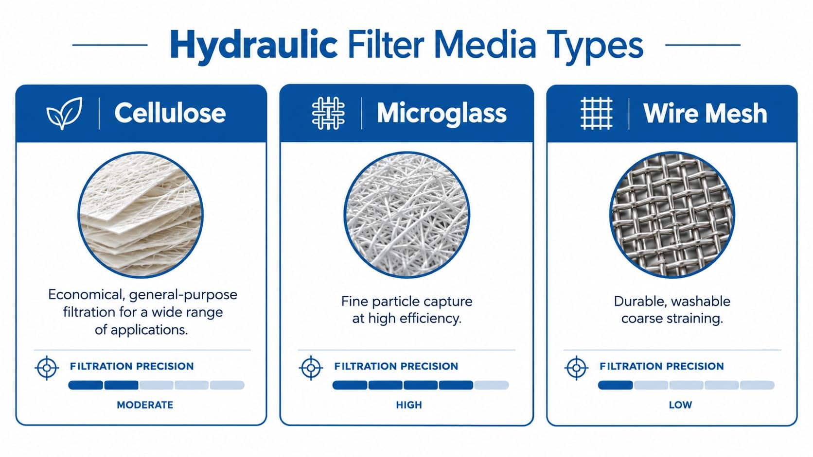 A comparison chart showing three hydraulic filter media types including cellulose, microglass, and wire mesh with details.