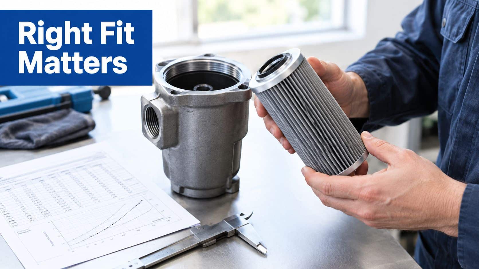 A technician inspecting a hydraulic filter cartridge before installing it into a metal housing on a workbench.