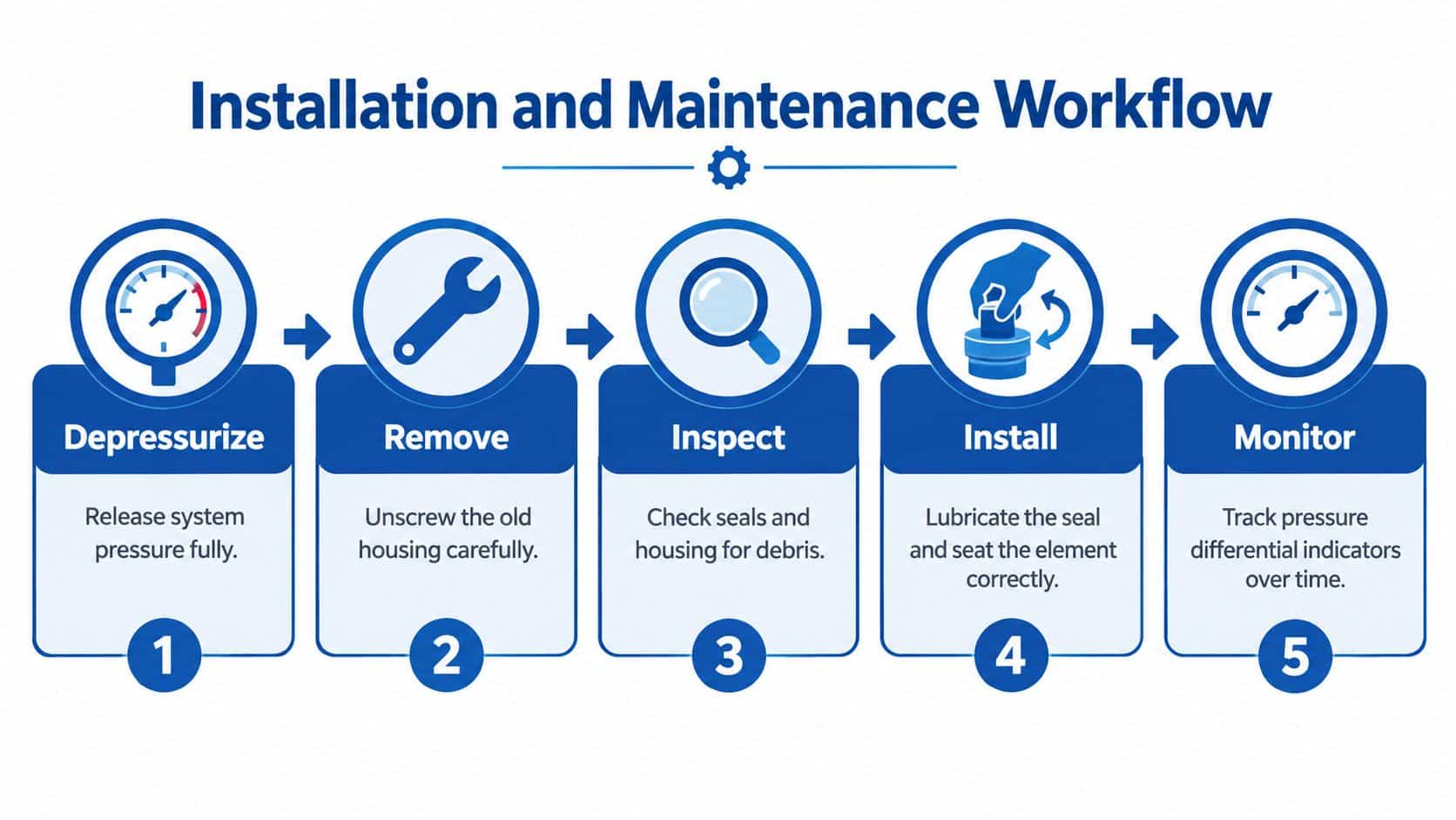 A five-step instructional diagram for hydraulic filter kit maintenance and installation showing process icons and descriptions.