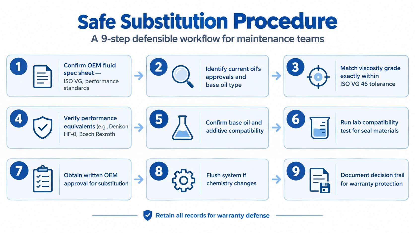 A nine-step infographic illustrating a safe procedure for substituting industrial hydraulic oil and maintenance fluids.