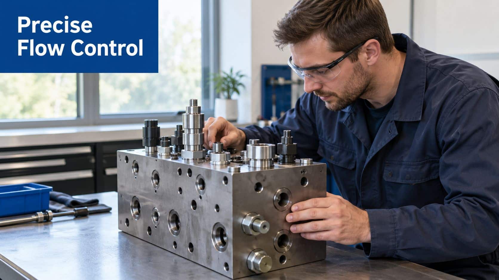 A technician wearing safety glasses assembles and inspects a large industrial hydraulic manifold valve in a workshop.