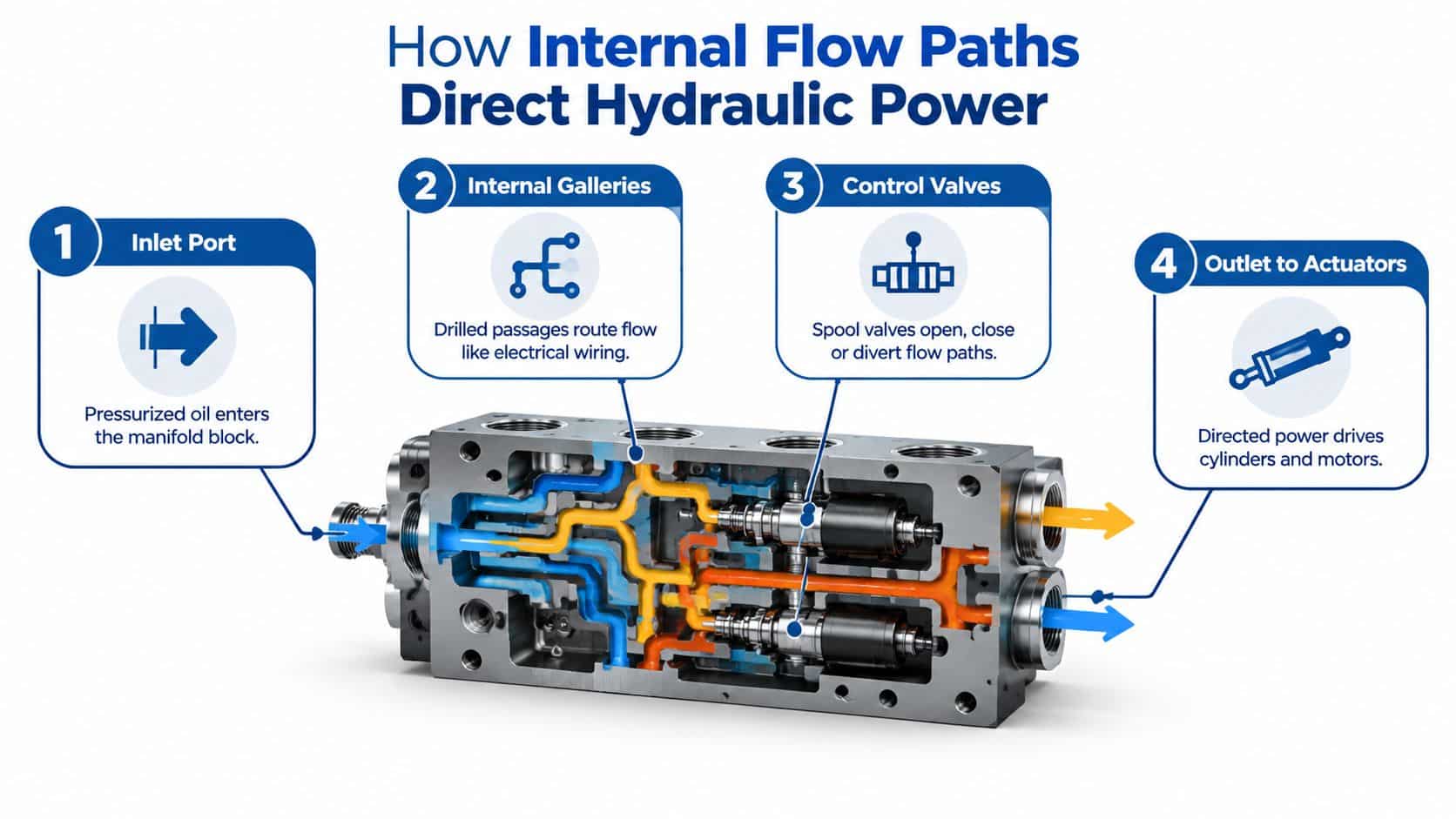 A diagram illustrating how internal flow paths in a hydraulic manifold block direct power through control valves.