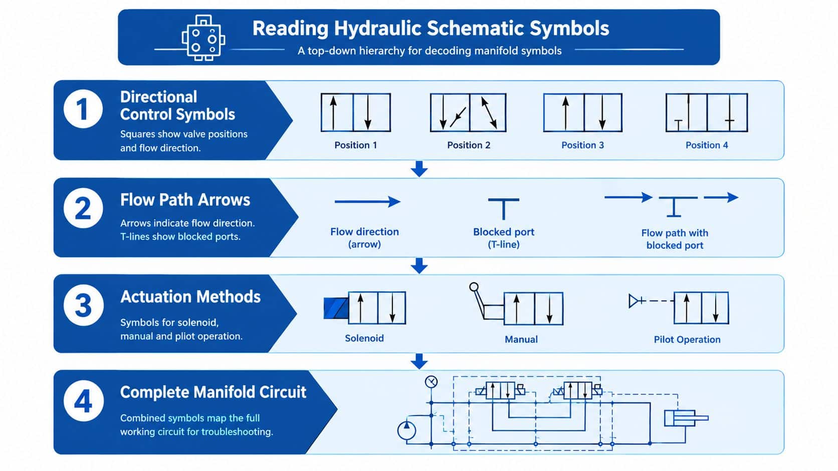 A diagram illustrating a four-step guide for decoding and understanding hydraulic schematic symbols in manifold circuits.