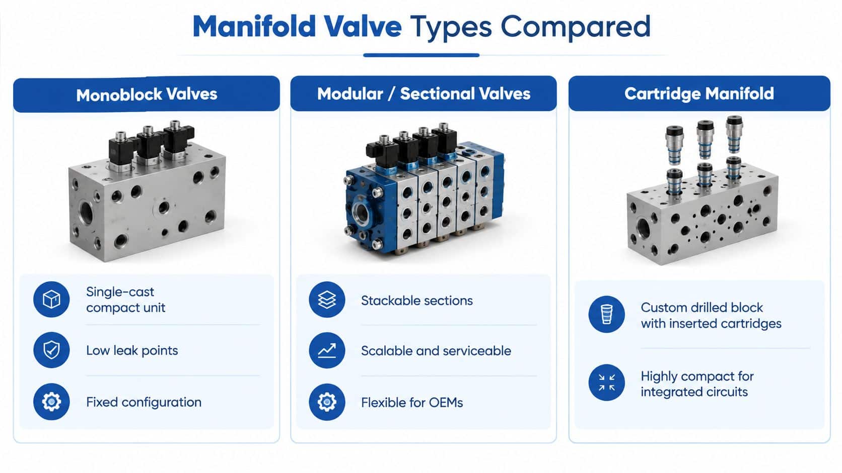 A comparison chart showing three types of hydraulic manifold valves: Monoblock, Modular Sectional, and Cartridge Manifold systems.