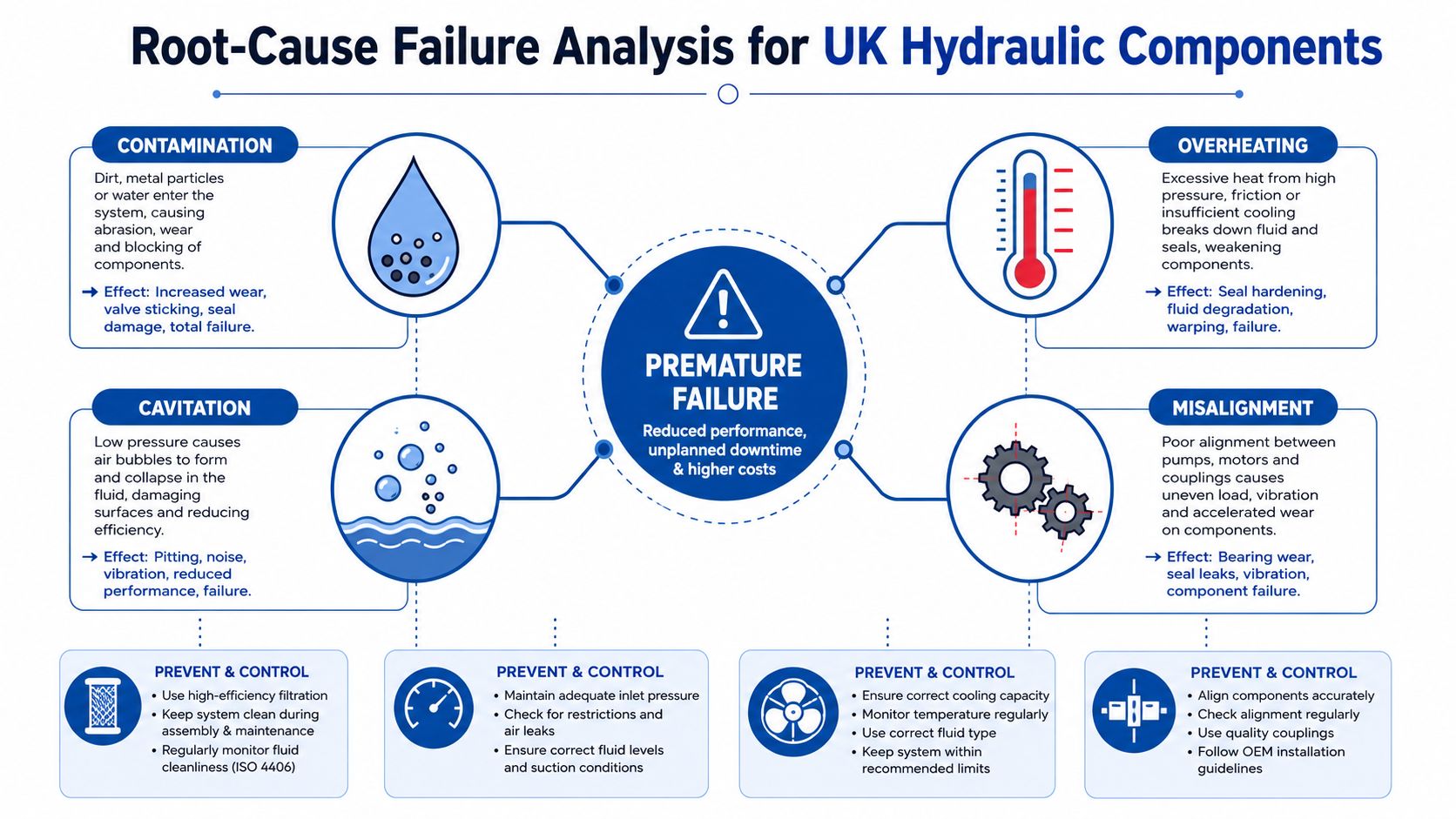 A diagram outlining the root-cause failure analysis for hydraulic components, including contamination, cavitation, overheating, and misalignment causes.
