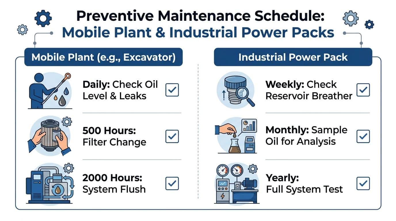 An infographic detailing a preventive maintenance schedule for mobile plant machinery and industrial power packs.