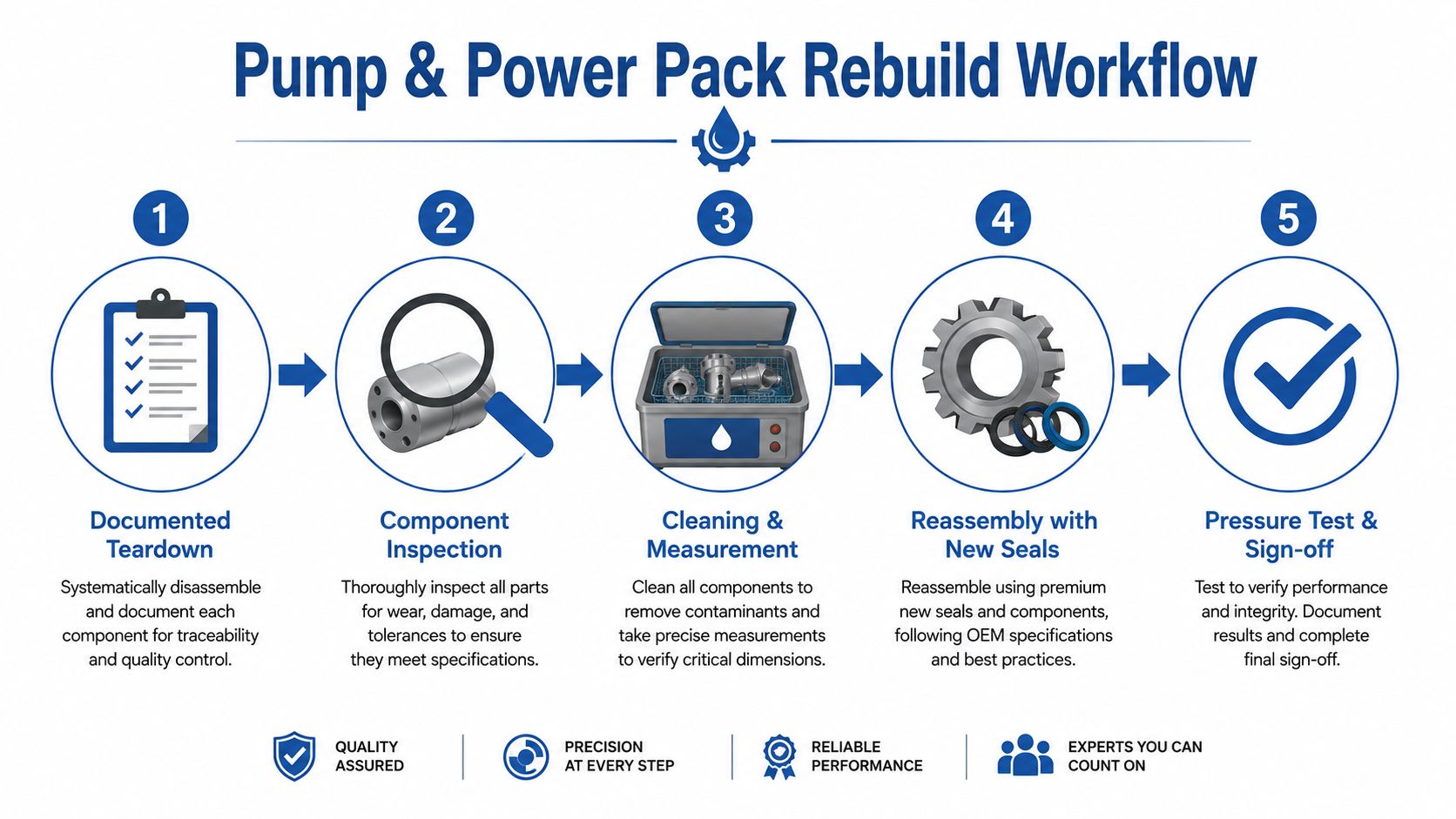 A five-step infographic showing the systematic workflow for rebuilding industrial pumps and power packs.