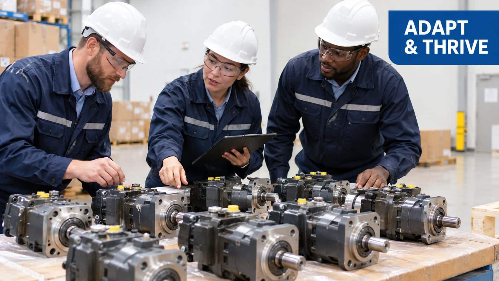 Three workers in hard hats and safety gear inspecting machinery components in a warehouse facility.