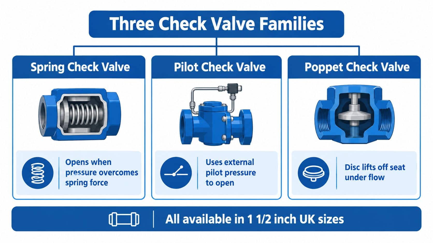A diagram comparing three types of check valves: spring, pilot, and poppet, available in 1 1/2 inch sizes.