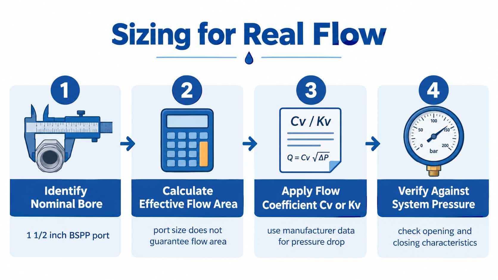 A four-step infographic illustrating the process for sizing a valve for real flow applications.