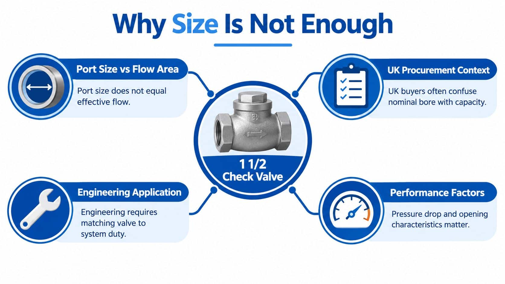 An infographic titled Why Size Is Not Enough explains that port size does not determine flow for a 1 1/2 check valve.