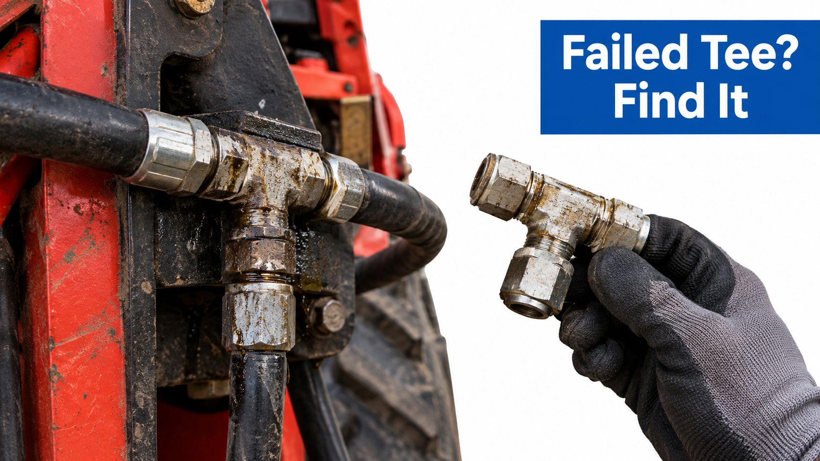 A gloved hand holding a metal hydraulic tee fitting next to an installed tee on machinery.
