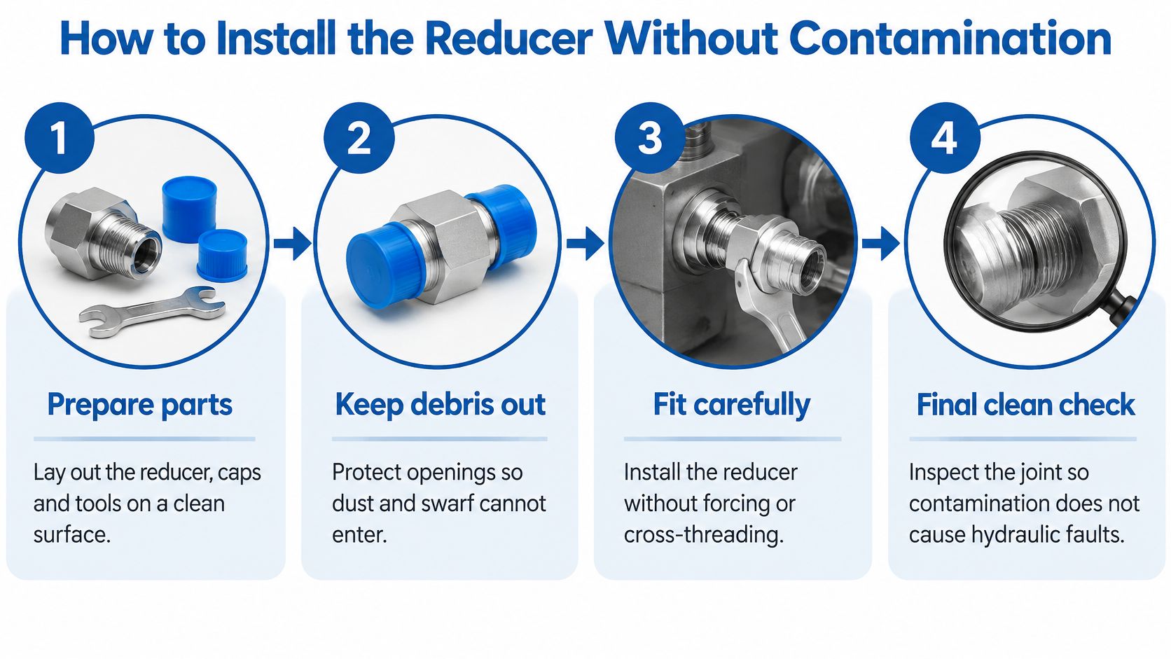 A four-step instructional infographic showing how to correctly install a hydraulic reducer without causing contamination.