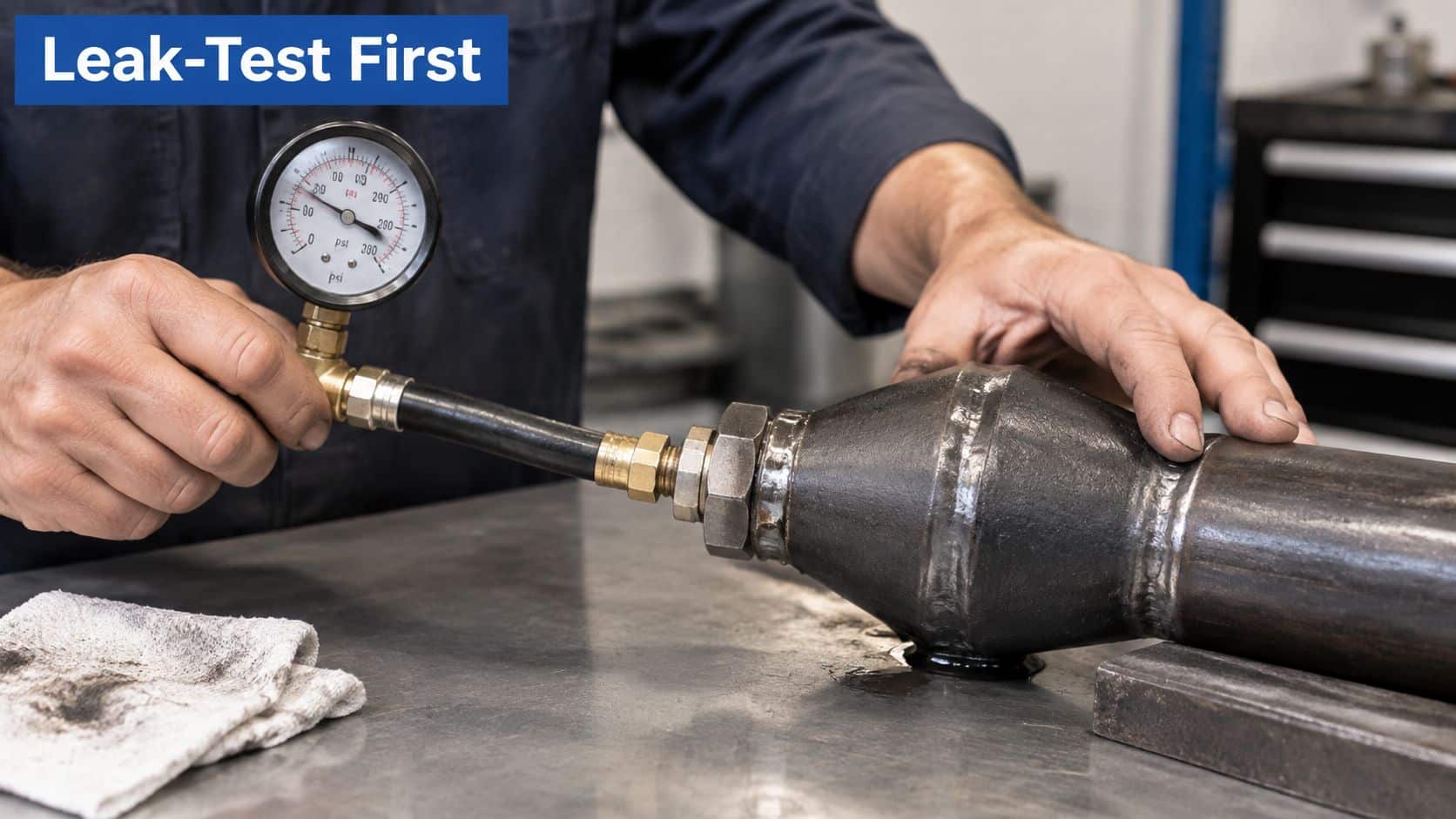 A technician performing a pressure leak test on a metal pipe reducer assembly using a gauge.