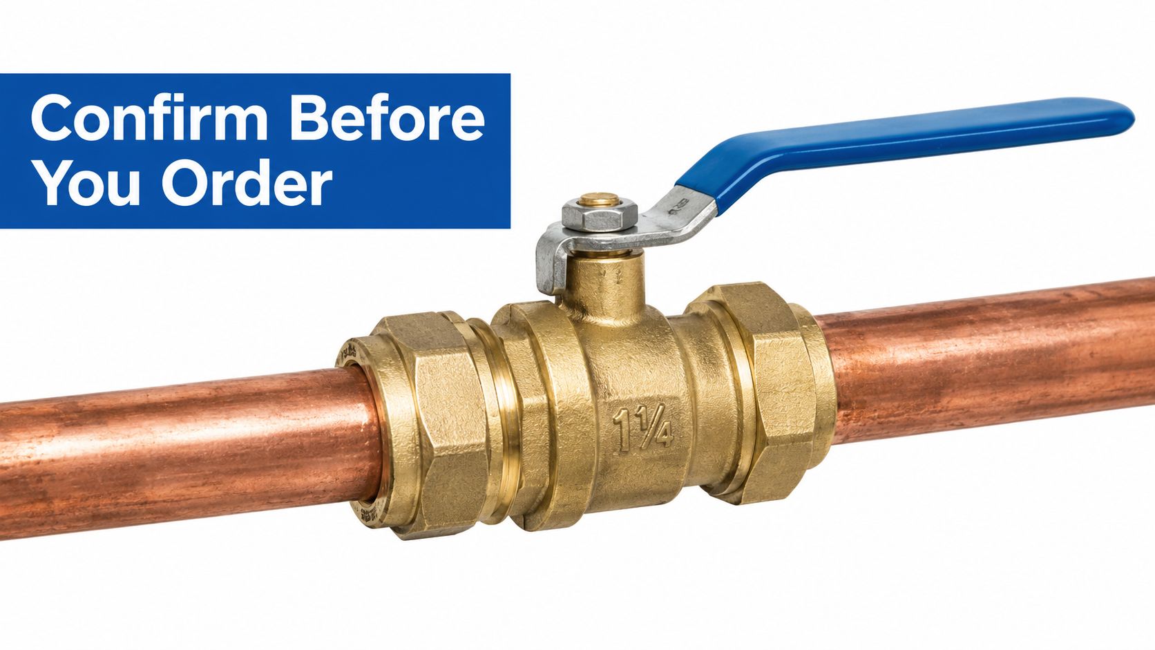 A 1 1/4 inch brass ball valve connected to copper pipes with a blue lever handle.