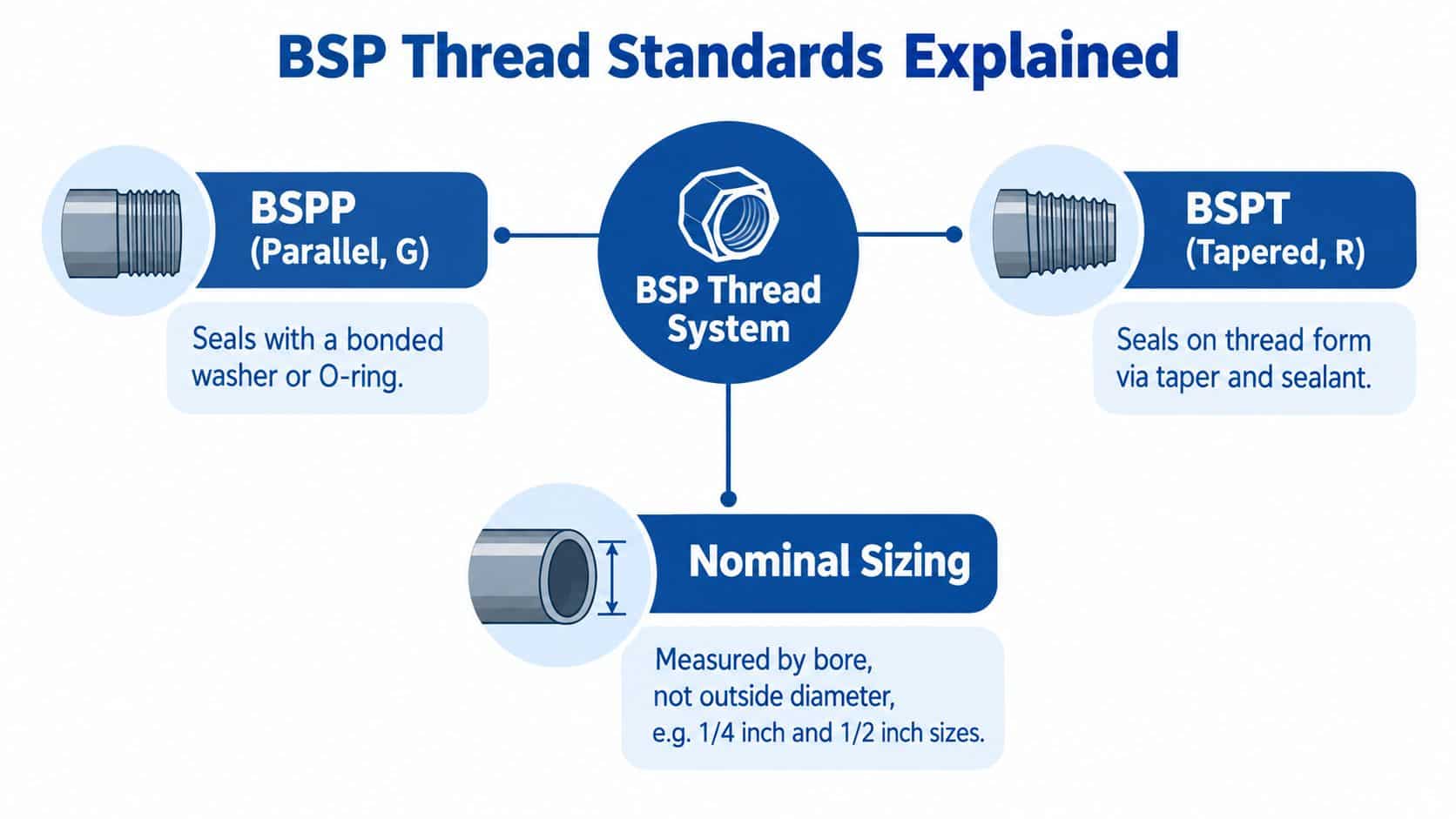 A diagram explaining BSP thread standards, comparing BSPP parallel threads, BSPT tapered threads, and nominal pipe sizing methods.