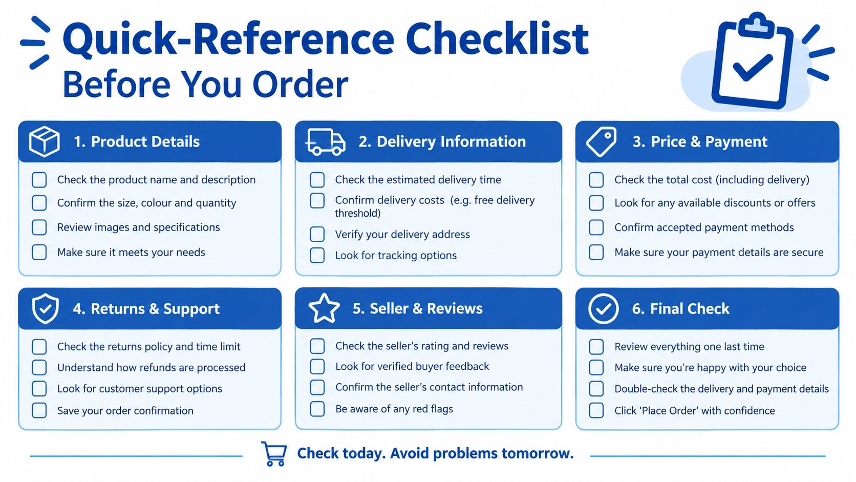 A six-step Quick-Reference Checklist graphic for online shopping safety and informed purchasing decisions.