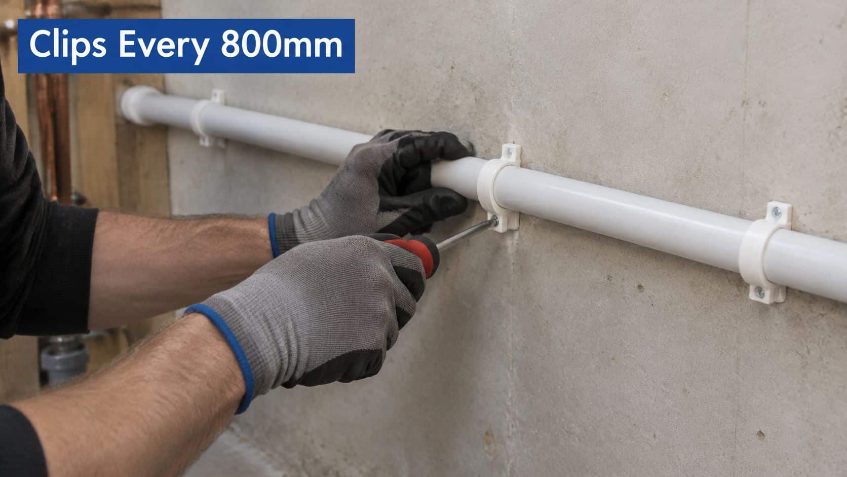 A worker in gloves secures white pipe clips to a wall for 28mm speedfit plumbing installation.