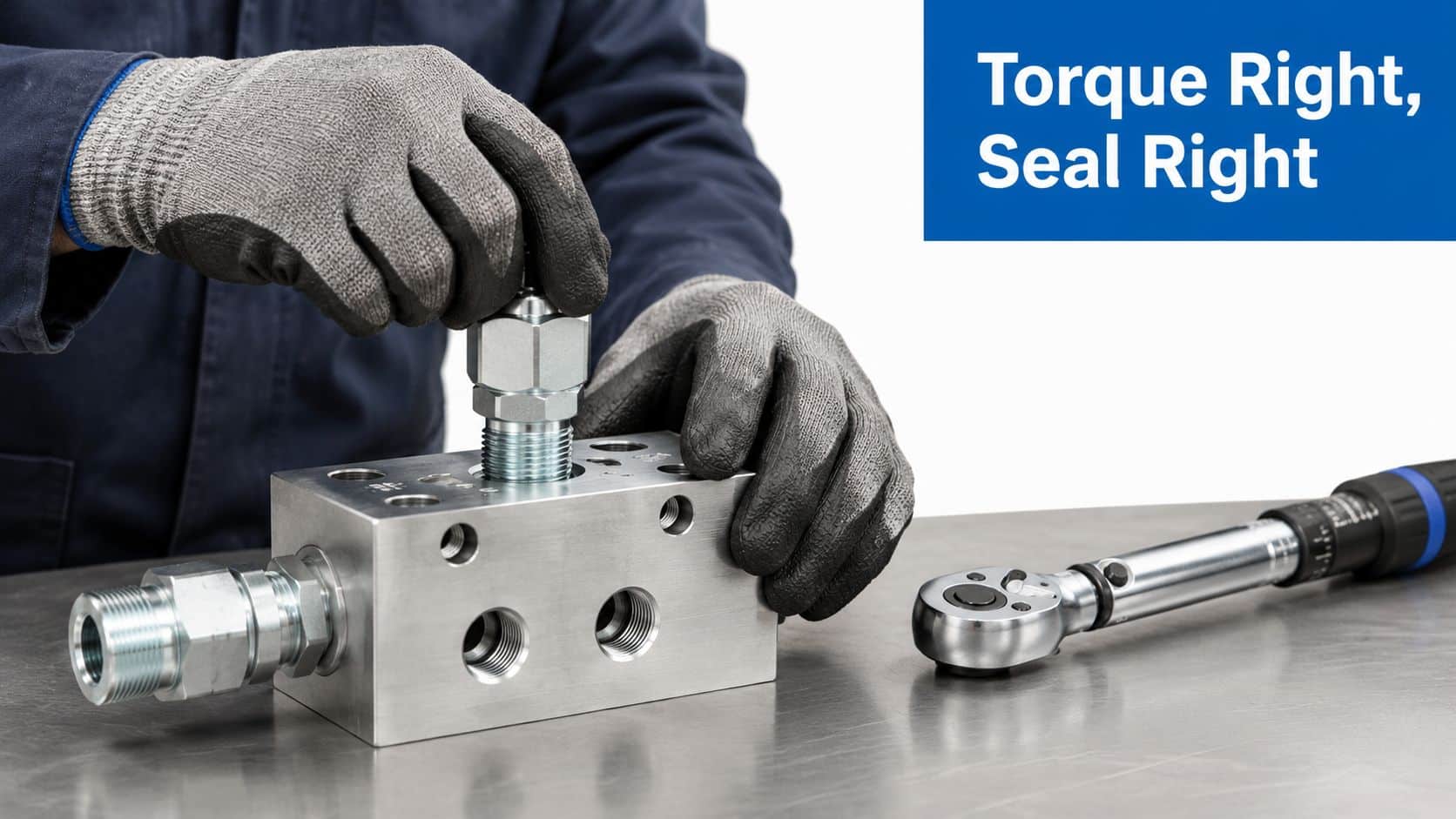 A technician wearing work gloves carefully installs a metal fitting into a hydraulic manifold block.