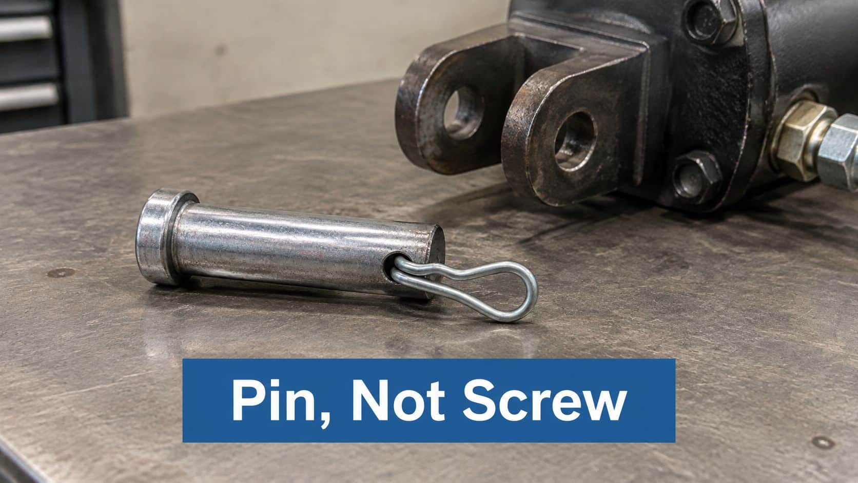 A metal clevis pin with a retaining clip lying on a workbench next to a hydraulic cylinder.