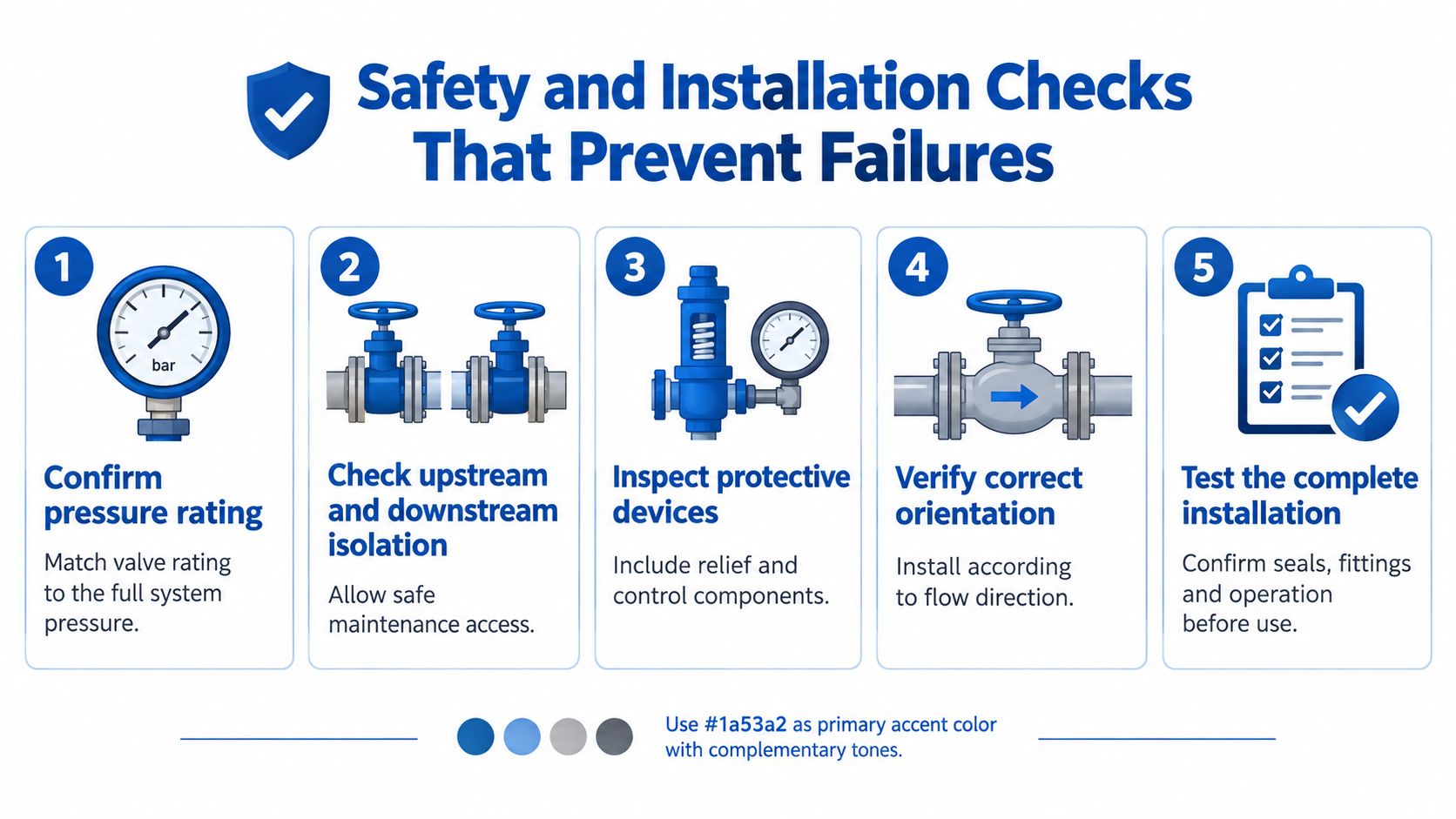 An infographic titled Safety and Installation Checks That Prevent Failures with five numbered steps for industrial valve installation.