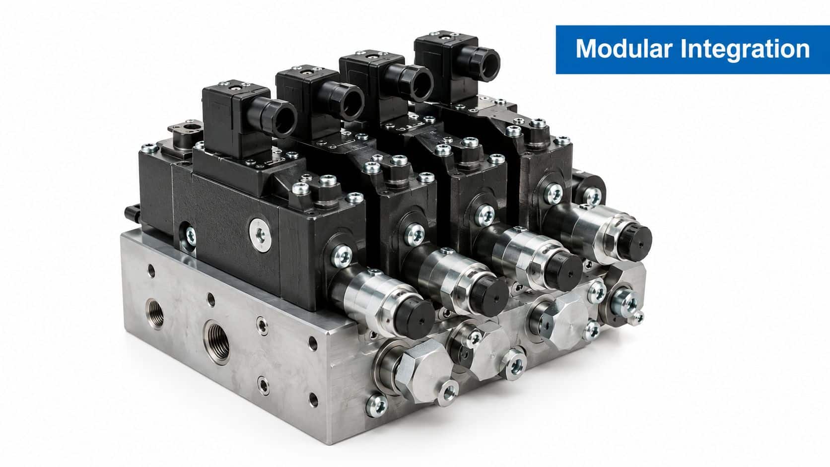 A manifold of modular pilot operated check valves mounted on a metal base for industrial hydraulic systems.