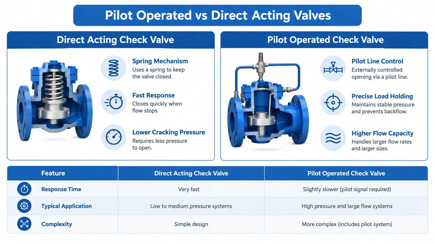 A comparison chart explaining the differences between direct acting check valves and pilot operated check valves.