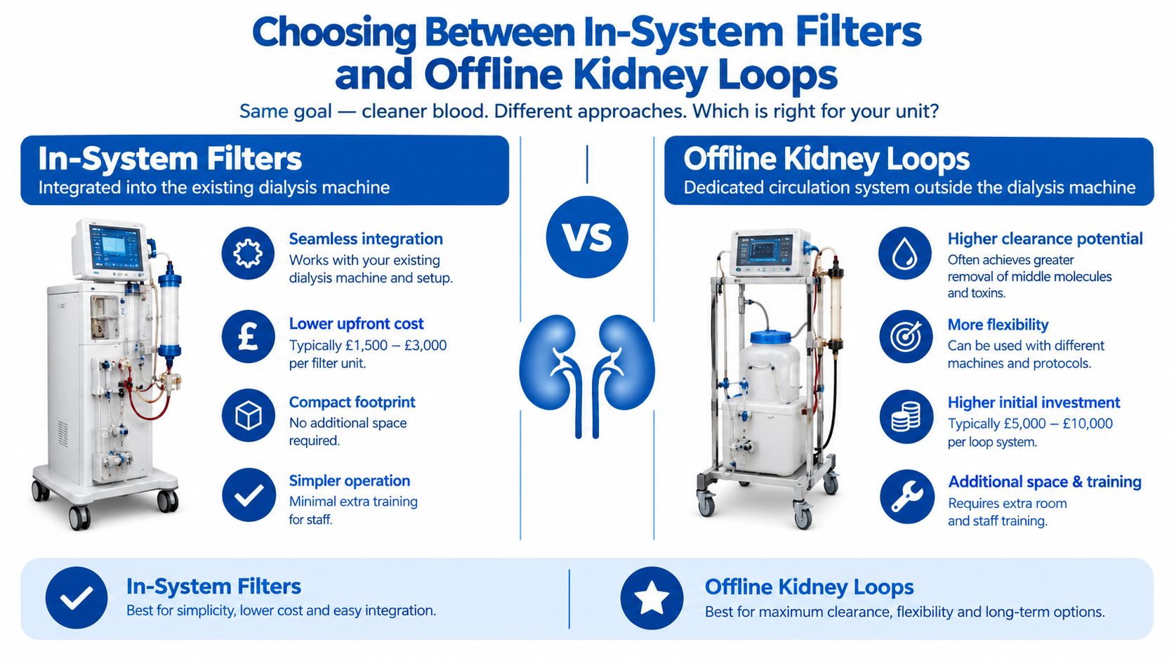 A comparison infographic between In-System Filters and Offline Kidney Loops for dialysis machines showing pros and cons.