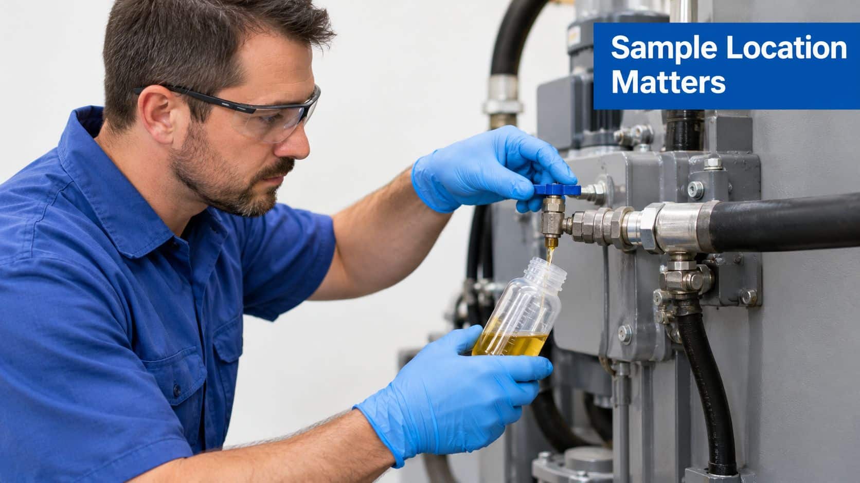 A technician wearing protective gear taking an oil sample from industrial hydraulic machinery for analysis.