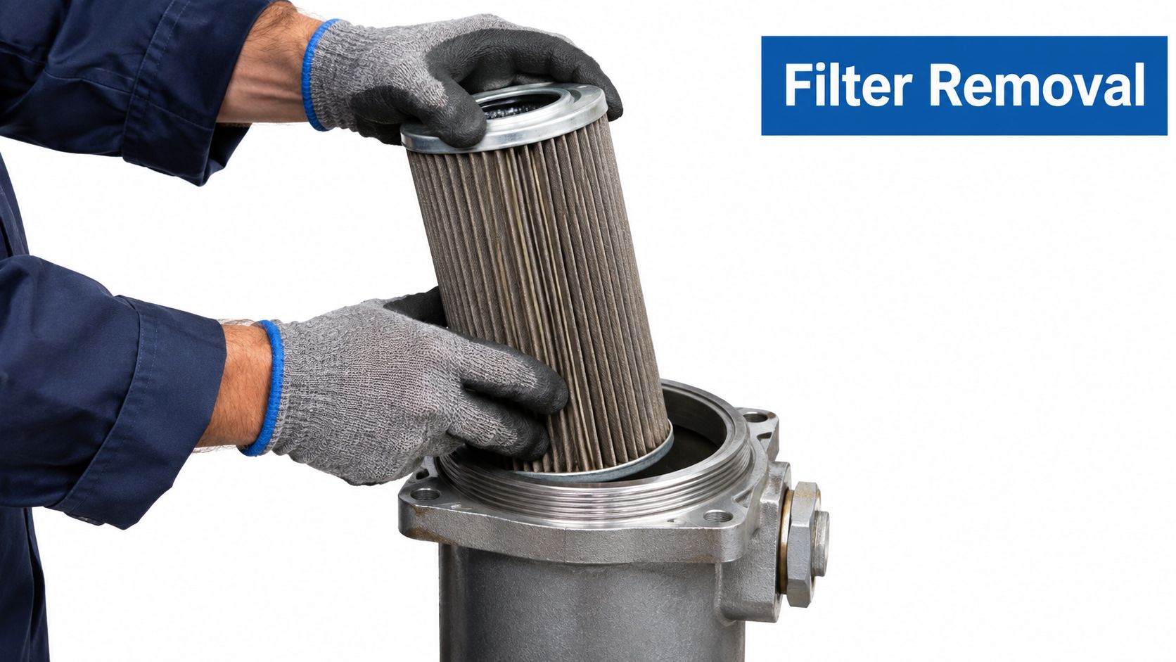 A technician wearing protective gloves removing a cylindrical industrial hydraulic filter from its housing unit.