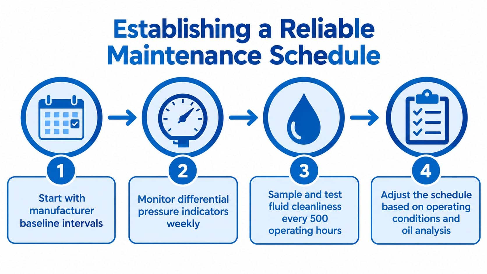 A flowchart showing four steps to establish a reliable maintenance schedule for hydraulic systems and machinery.