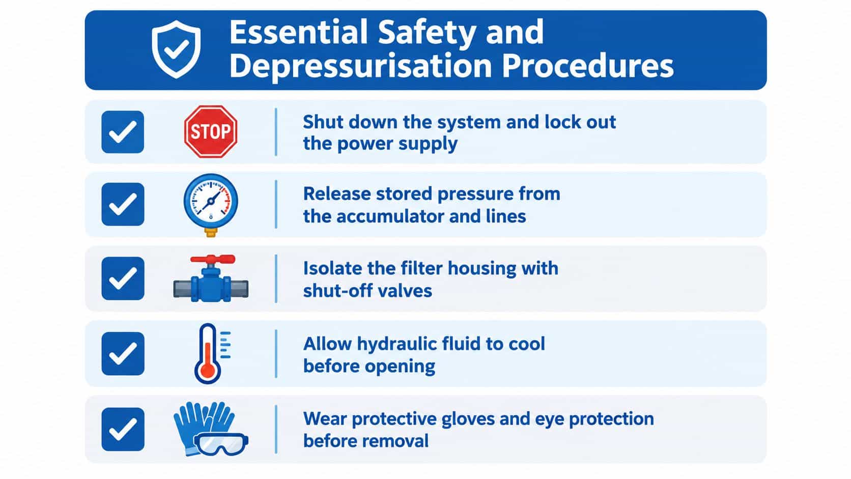 An infographic detailing five essential safety and depressurization steps for maintaining a hydraulic filter system safely.